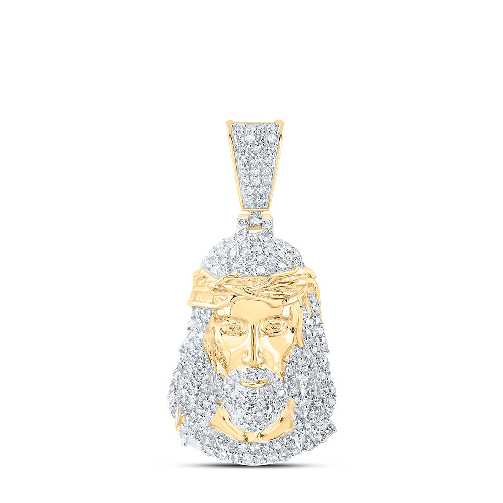 10kt Yellow Gold Mens Round Diamond Jesus Face Charm Pendant 1 Cttw