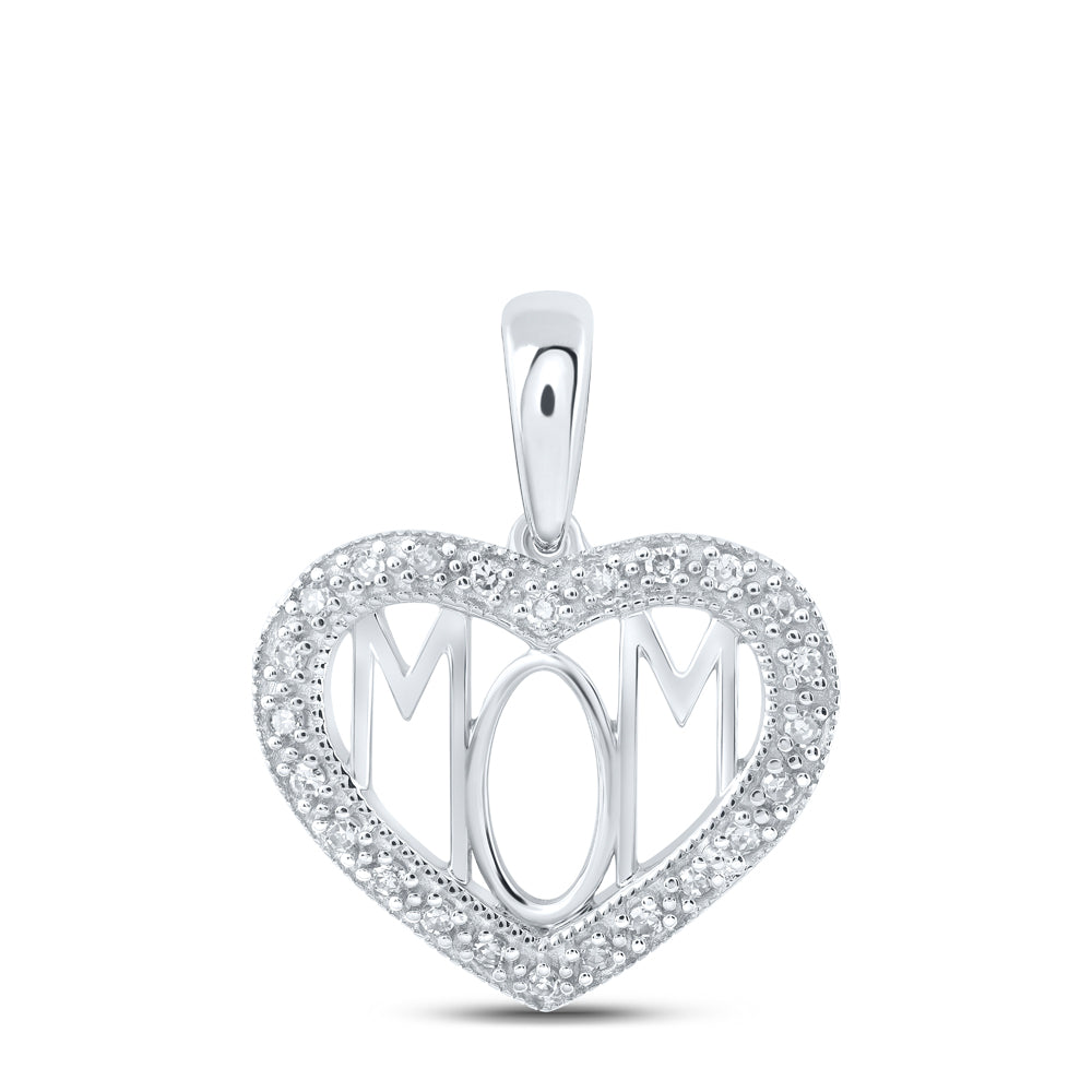 10kt White Gold Womens Round Diamond Mom Heart Pendant 1/8 Cttw