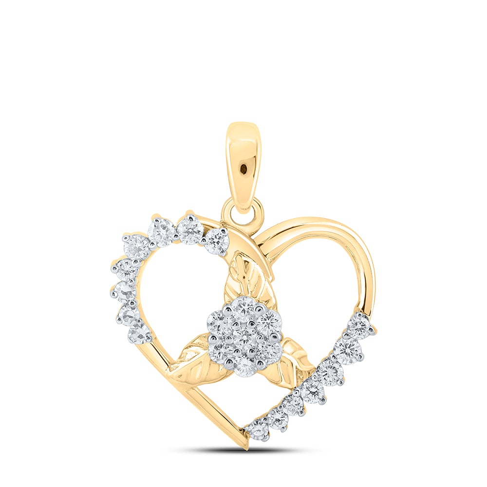 10kt Yellow Gold Womens Round Diamond Flower Heart Pendant 1/4 Cttw