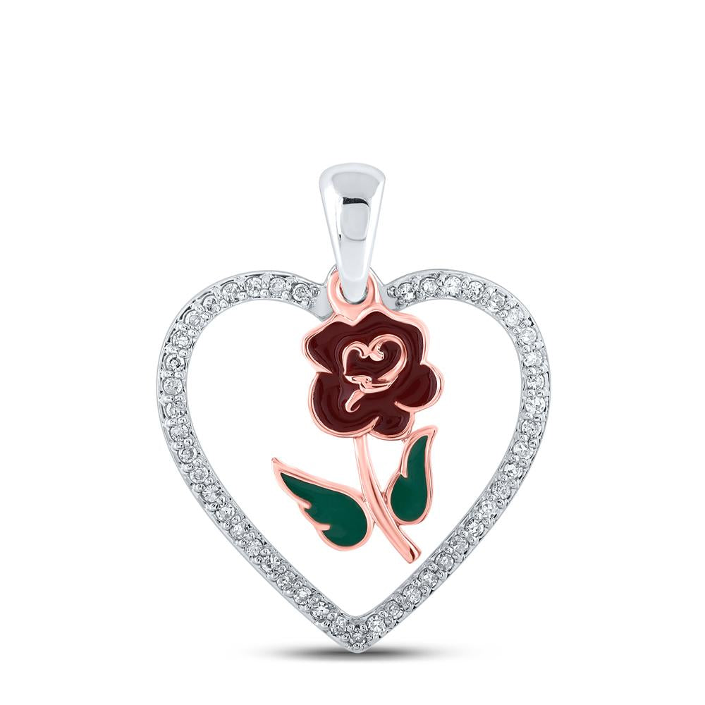 10kt White Gold Womens Round Diamond Rose Heart Pendant 1/8 Cttw