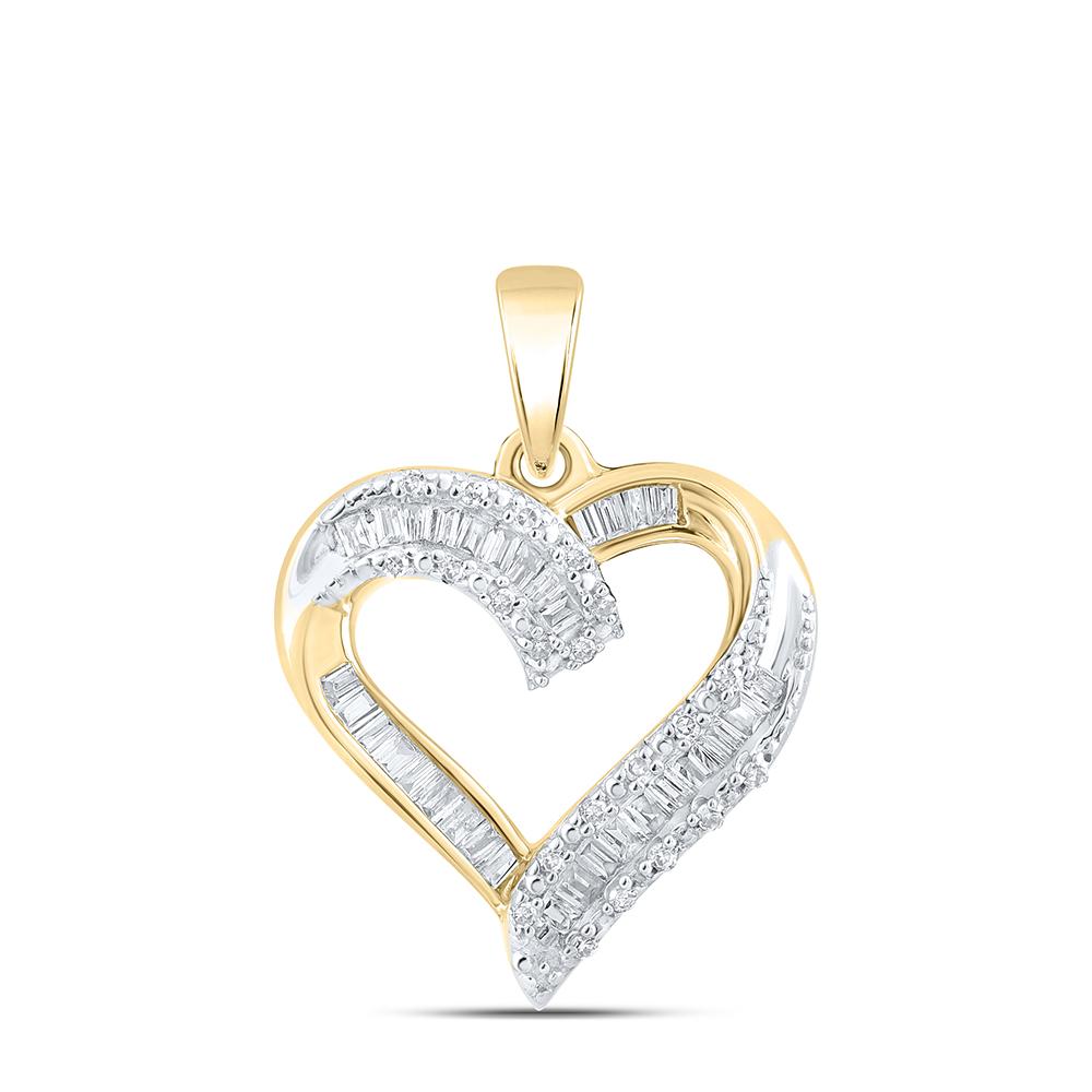 10kt Yellow Gold Womens Baguette Diamond Heart Pendant 1/4 Cttw