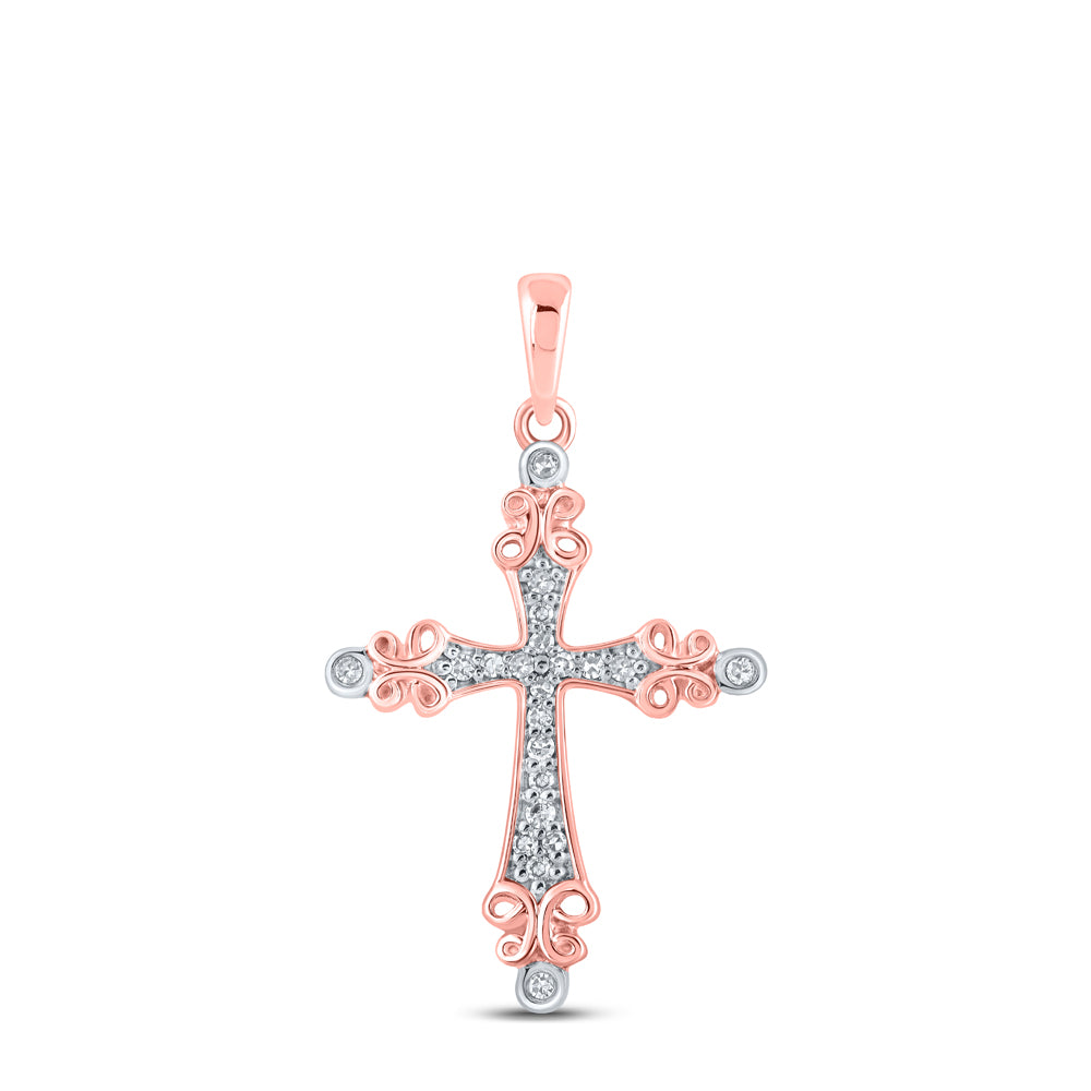 10kt Rose Gold Womens Round Diamond Cross Pendant 1/10 Cttw