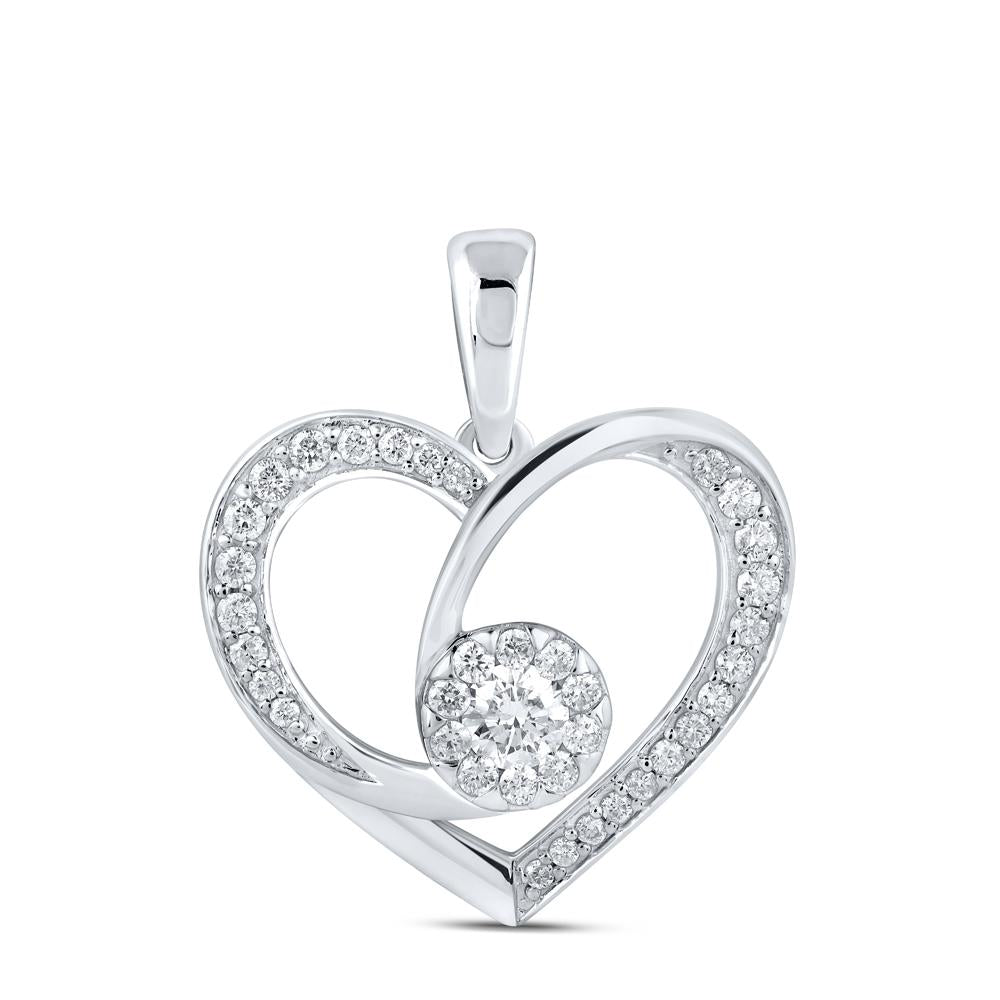 10kt White Gold Womens Round Diamond Heart Pendant 3/8 Cttw