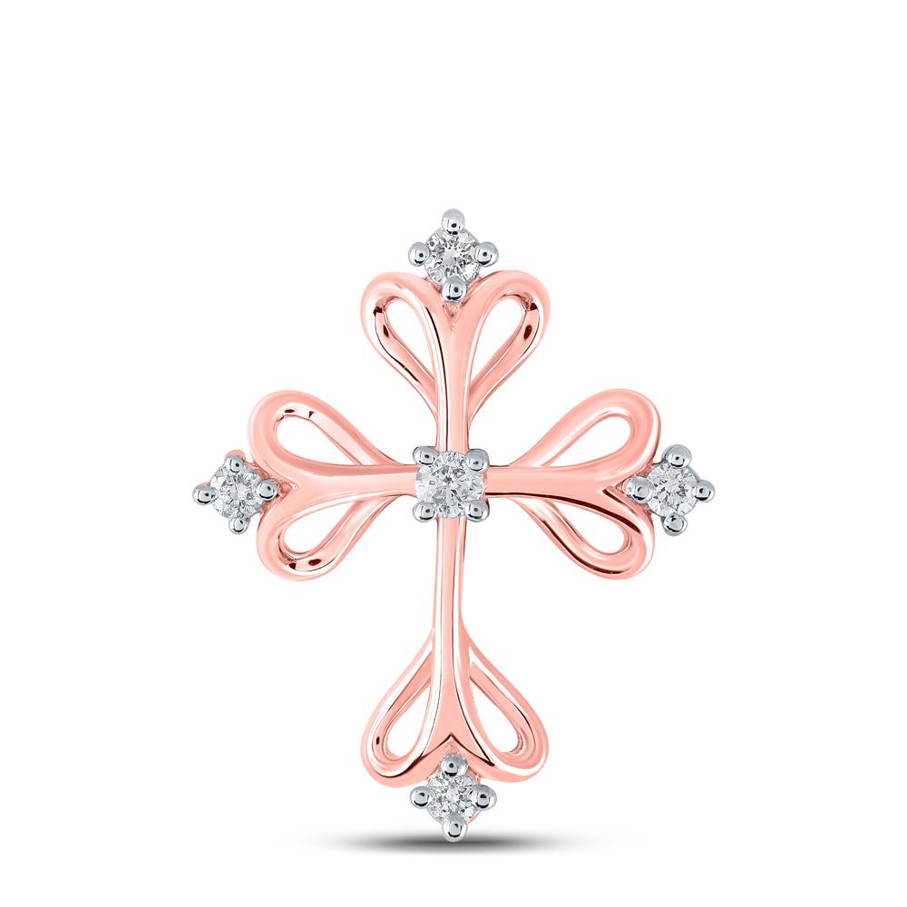 10kt Rose Gold Womens Round Diamond Cross Pendant 1/8 Cttw