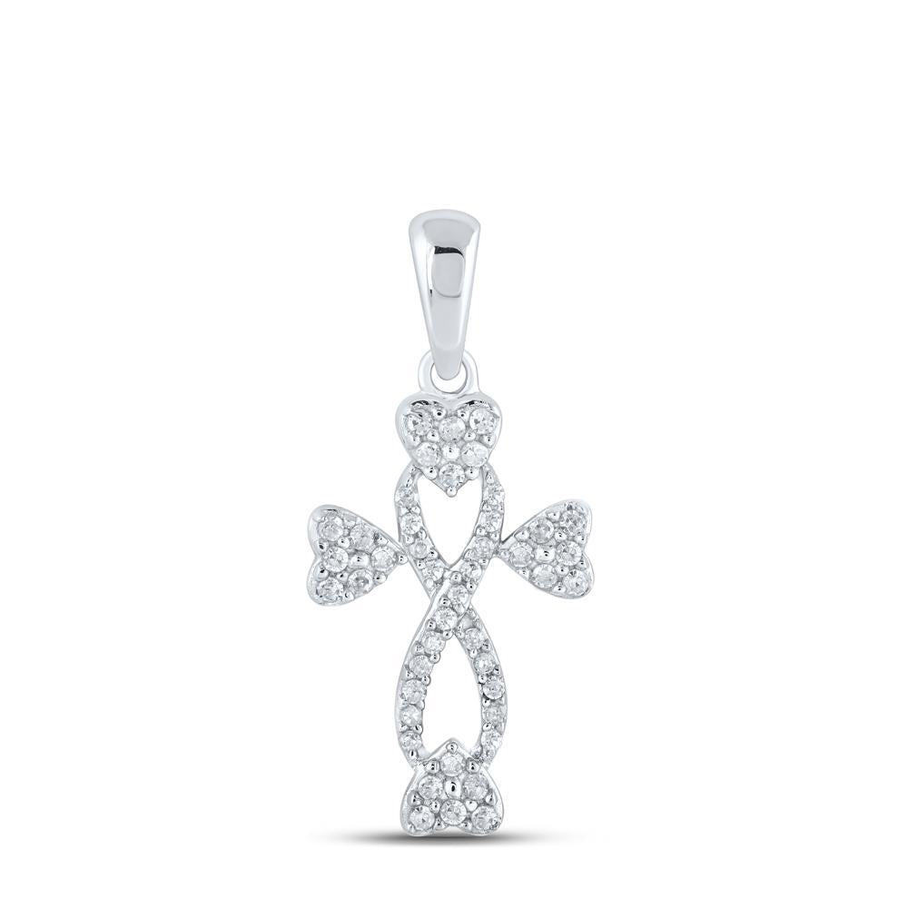 10kt White Gold Womens Round Diamond Cross Heart Pendant 1/6 Cttw