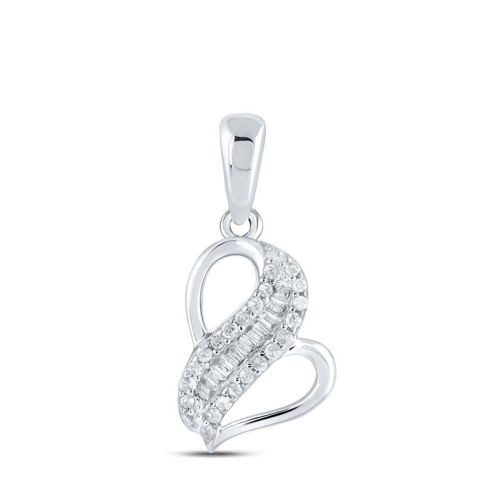 10kt White Gold Womens Baguette Diamond Heart Pendant 1/10 Cttw