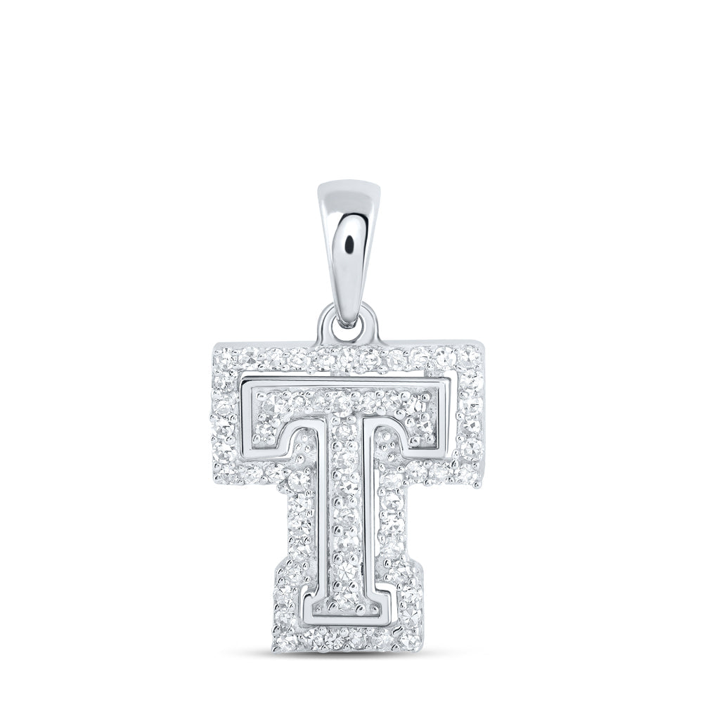 10kt White Gold Womens Round Diamond T Initial Letter Pendant 1/5 Cttw