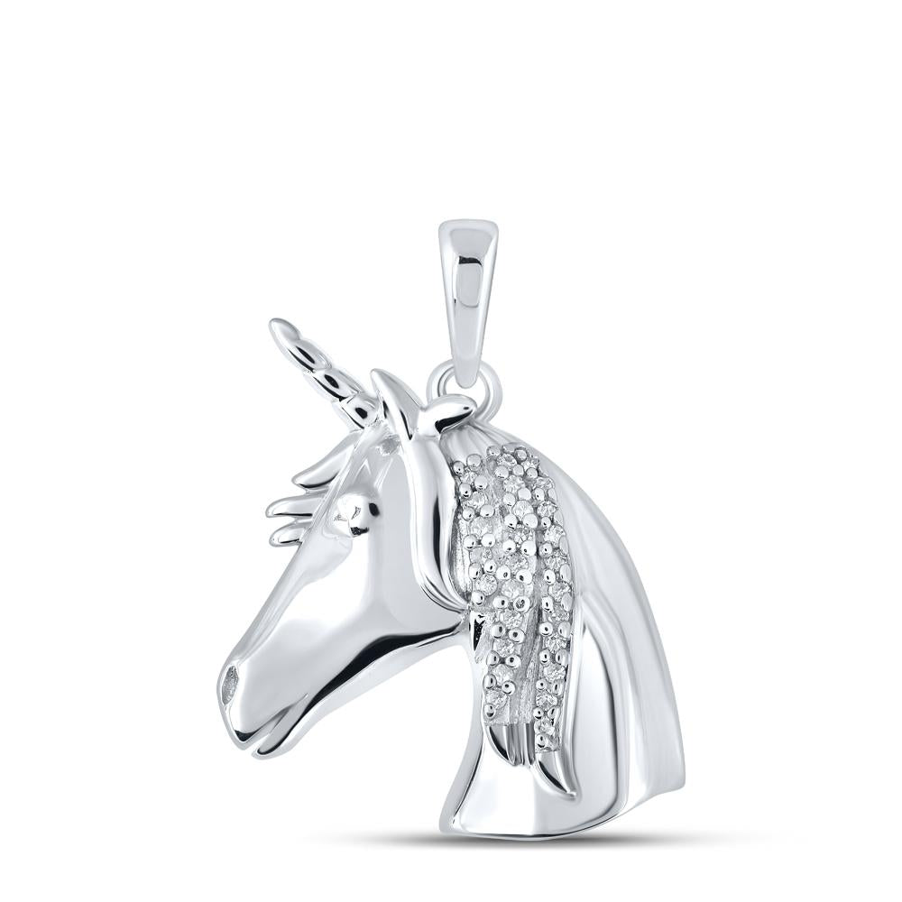 10kt White Gold Womens Round Diamond Unicorn Animal Pendant 1/20 Cttw