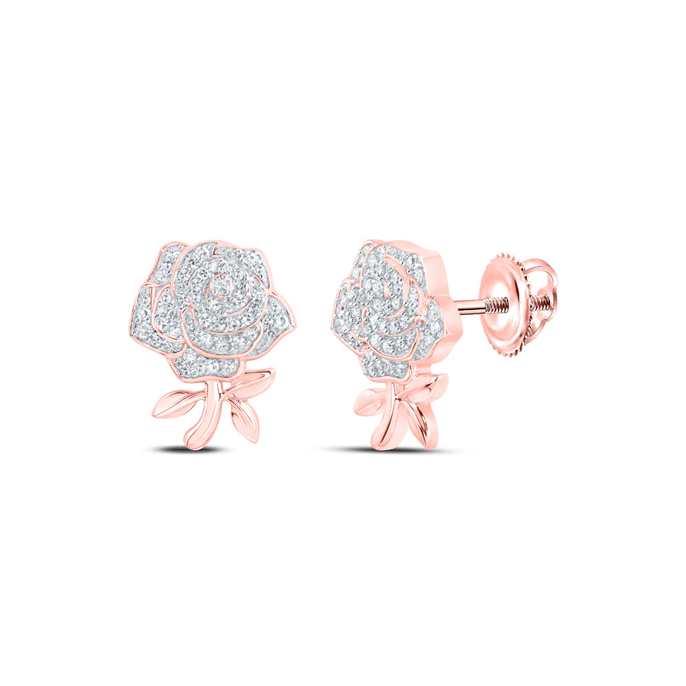 10kt Gold Womens Round Diamond Rose Flower Earrings 1/3 Cttw