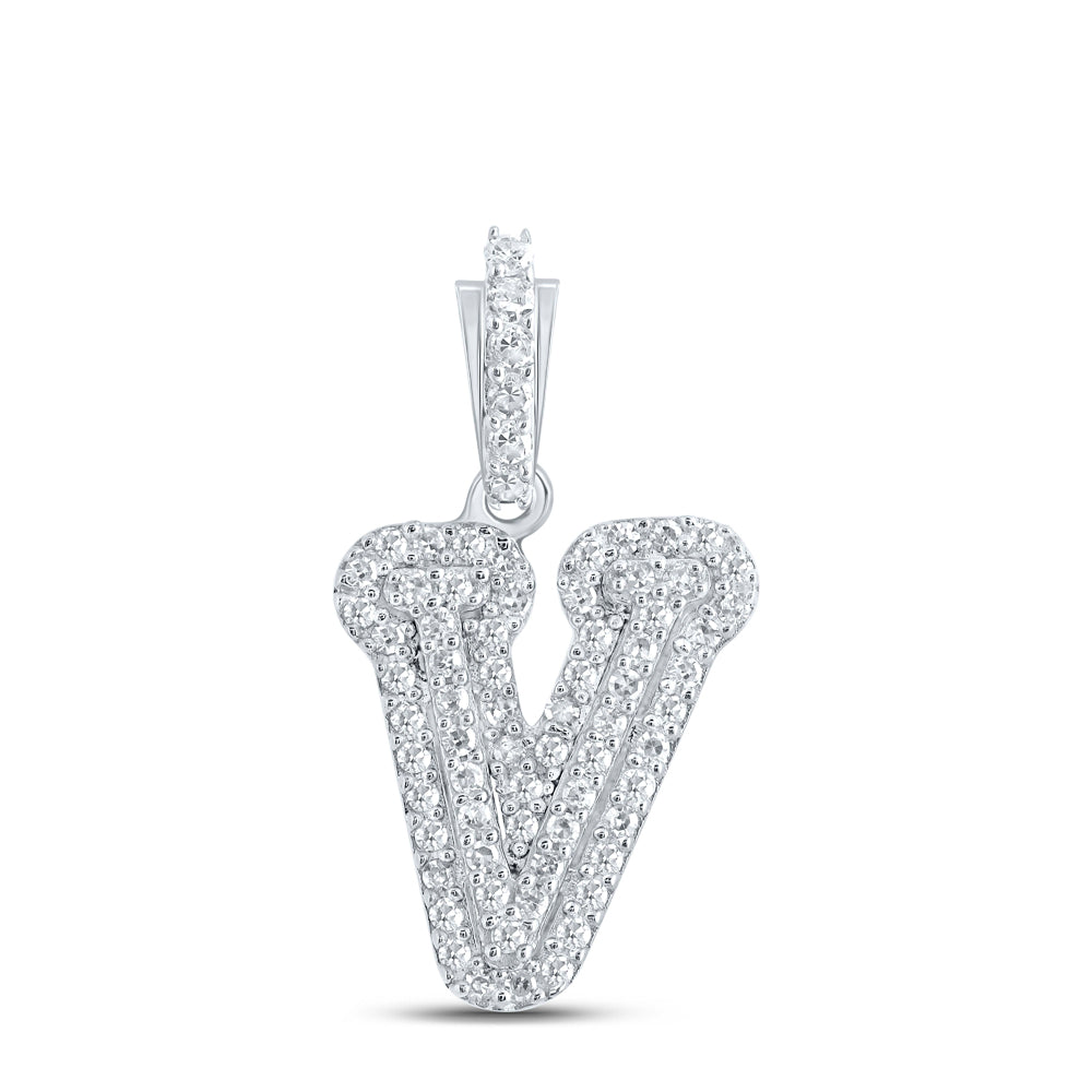 10kt White Gold Womens Round Diamond V Initial Letter Pendant 1/5 Cttw