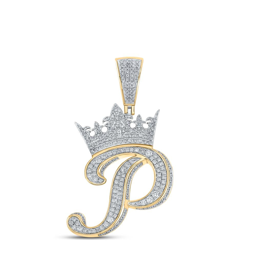 10kt Two-tone Gold Mens Round Diamond Crown P Letter Charm Pendant 1-1/2 Cttw