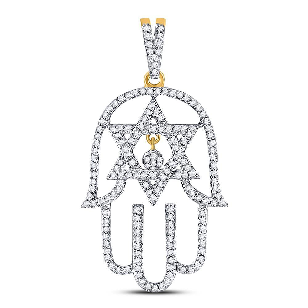 10kt Yellow Gold Mens Round Diamond Hamsa Star of David Charm Pendant 1/2 Cttw