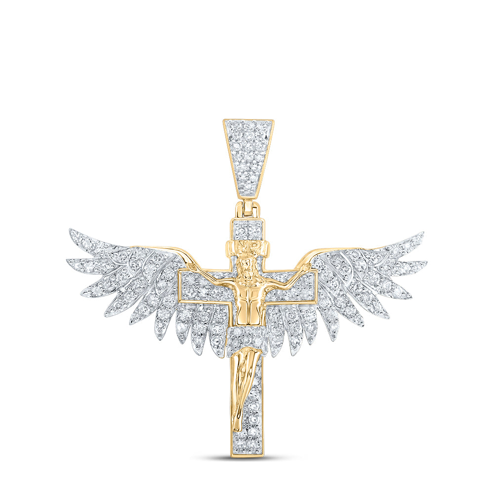 10kt Yellow Gold Mens Round Diamond Jesus Wings Cross Charm Pendant 1 Cttw