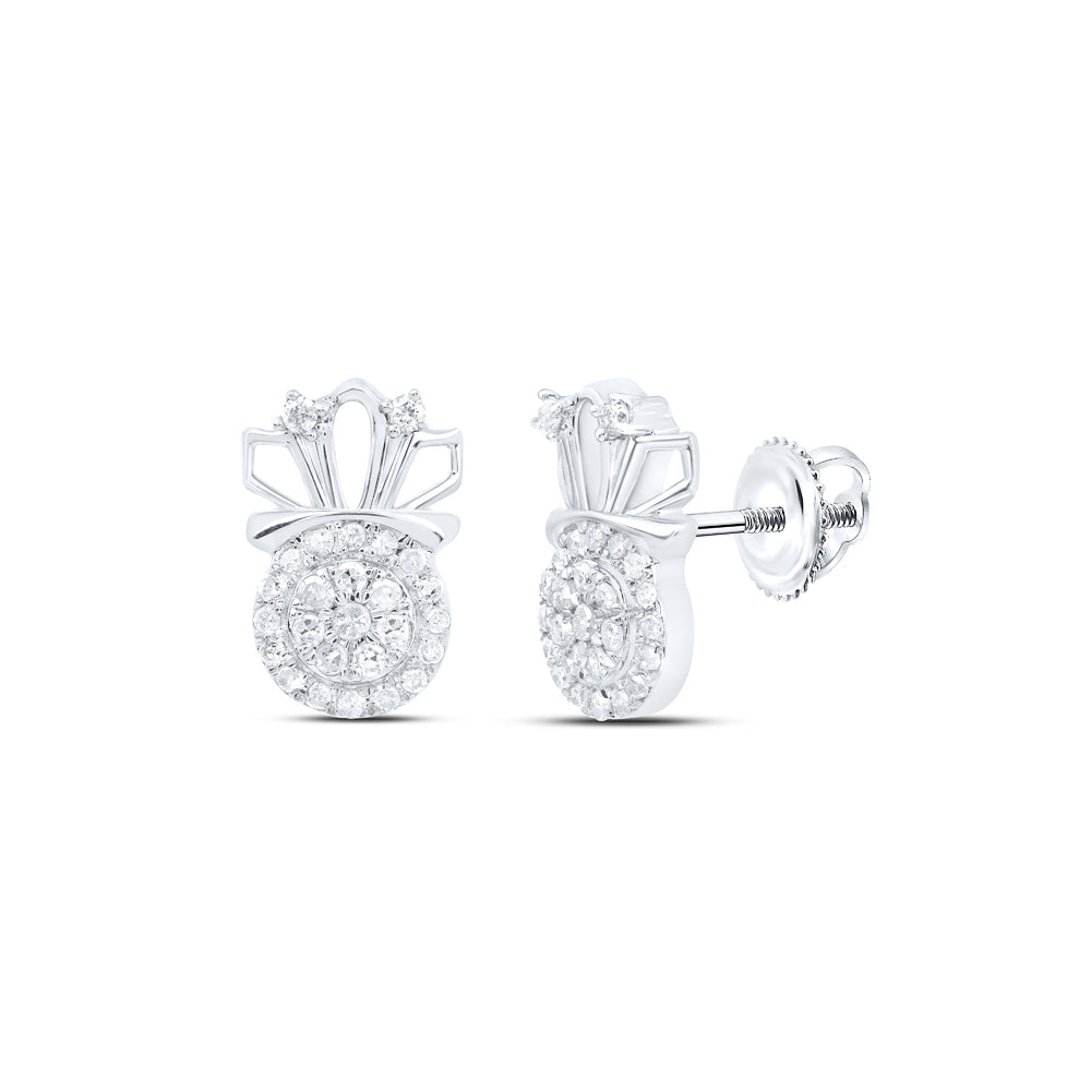 10kt White Gold Womens Round Diamond Crown Earrings 1/5 Cttw