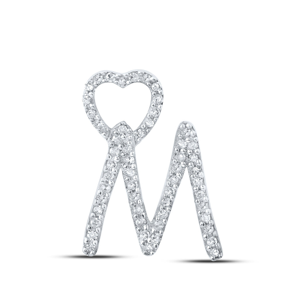 10kt White Gold Womens Round Diamond M Heart Letter Pendant 1/6 Cttw