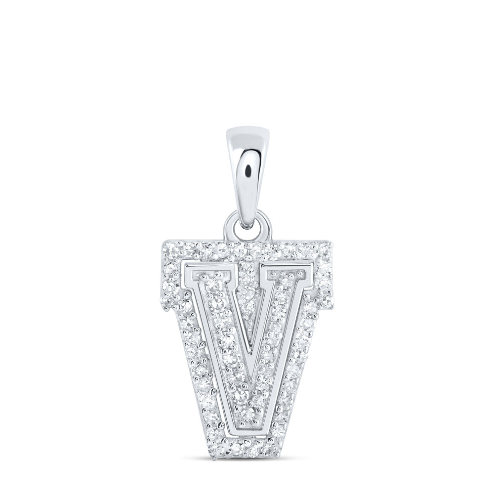 10kt White Gold Womens Round Diamond V Initial Letter Pendant 1/6 Cttw