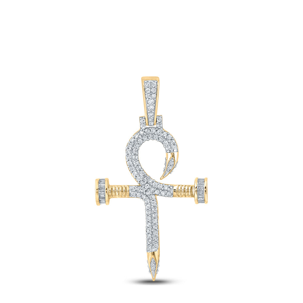 14kt Yellow Gold Mens Baguette Diamond Nail Cross Charm Pendant 3/4 Cttw