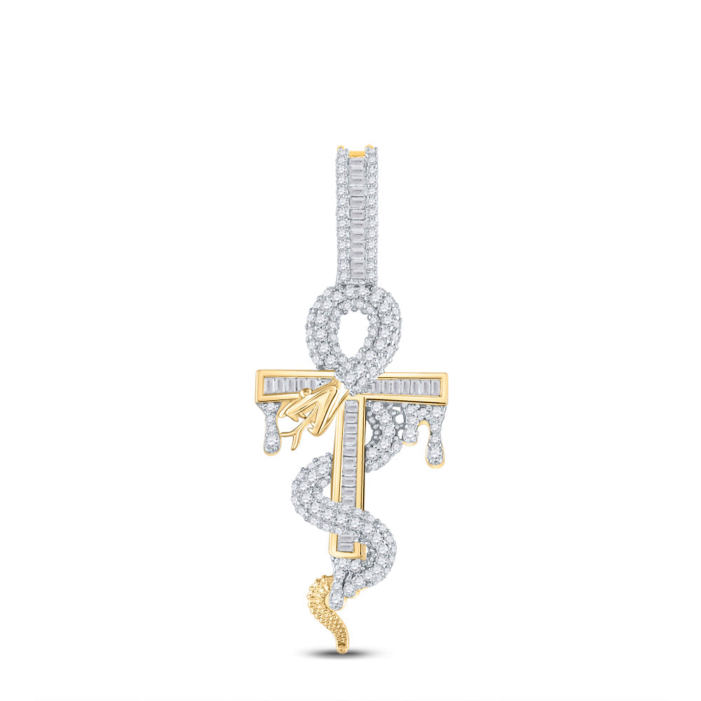 14kt Yellow Gold Mens Baguette Diamond Ankh Cross Snake Charm Pendant 1-1/5 Cttw