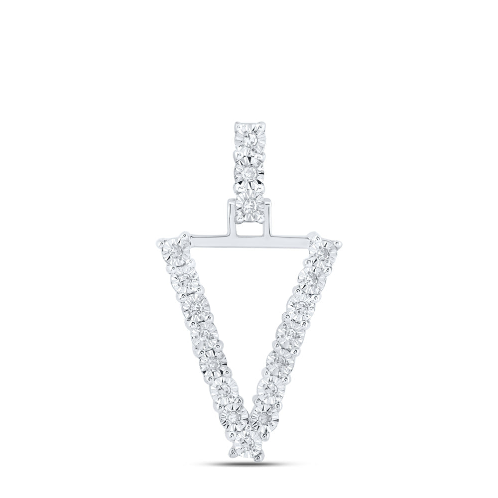 10kt White Gold Womens Round Diamond V Initial Letter Pendant 1/10 Cttw