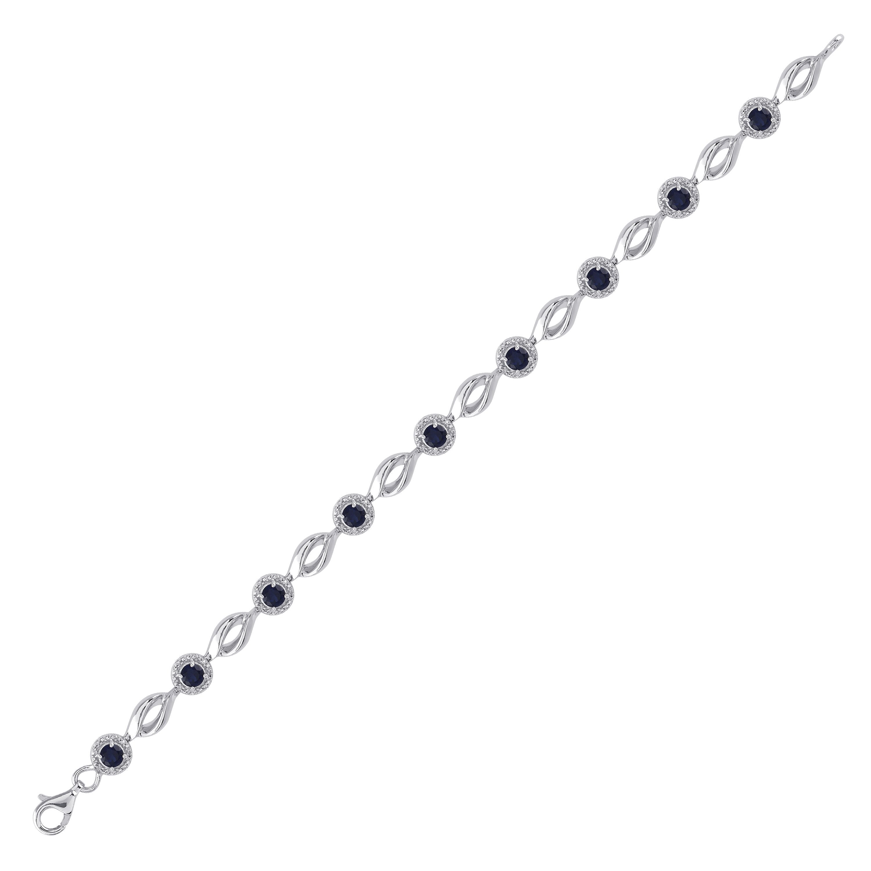 Sterling Silver Womens Round Synthetic Blue Sapphire Tennis Bracelet 3 Cttw