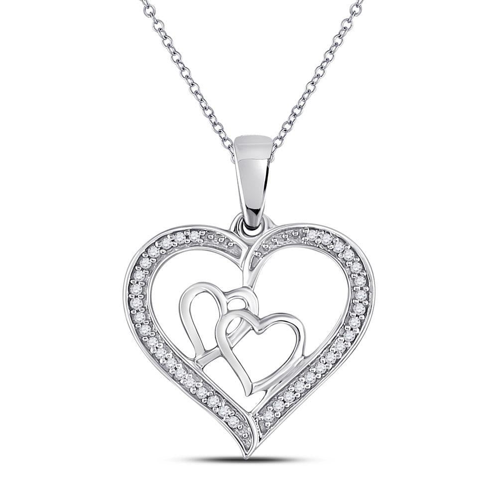 Sterling Silver Womens Round Diamond Triple Heart Outline Pendant 1/8 Cttw