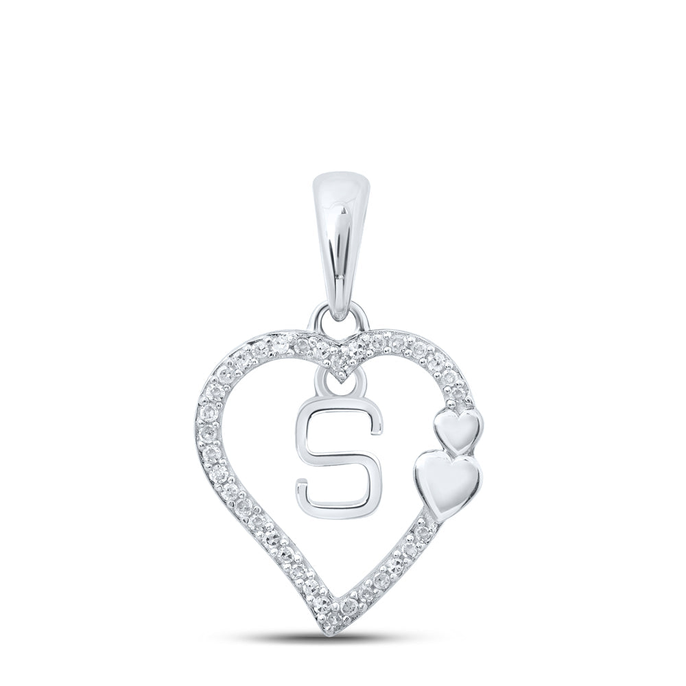 10kt White Gold Womens Round Diamond S Heart Letter Pendant 1/10 Cttw