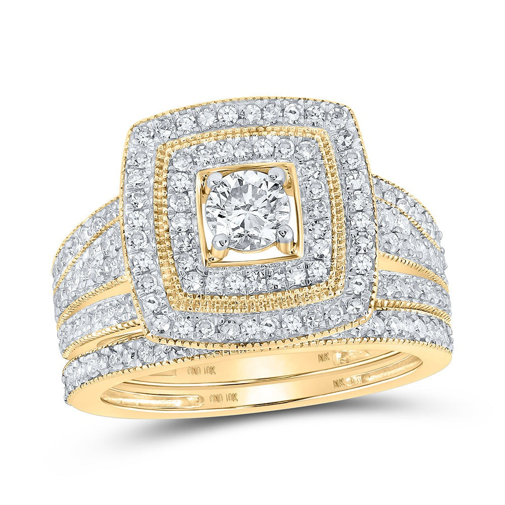 10kt Yellow Gold Round Diamond Square Halo Bridal Wedding Ring Band Set 1 Cttw