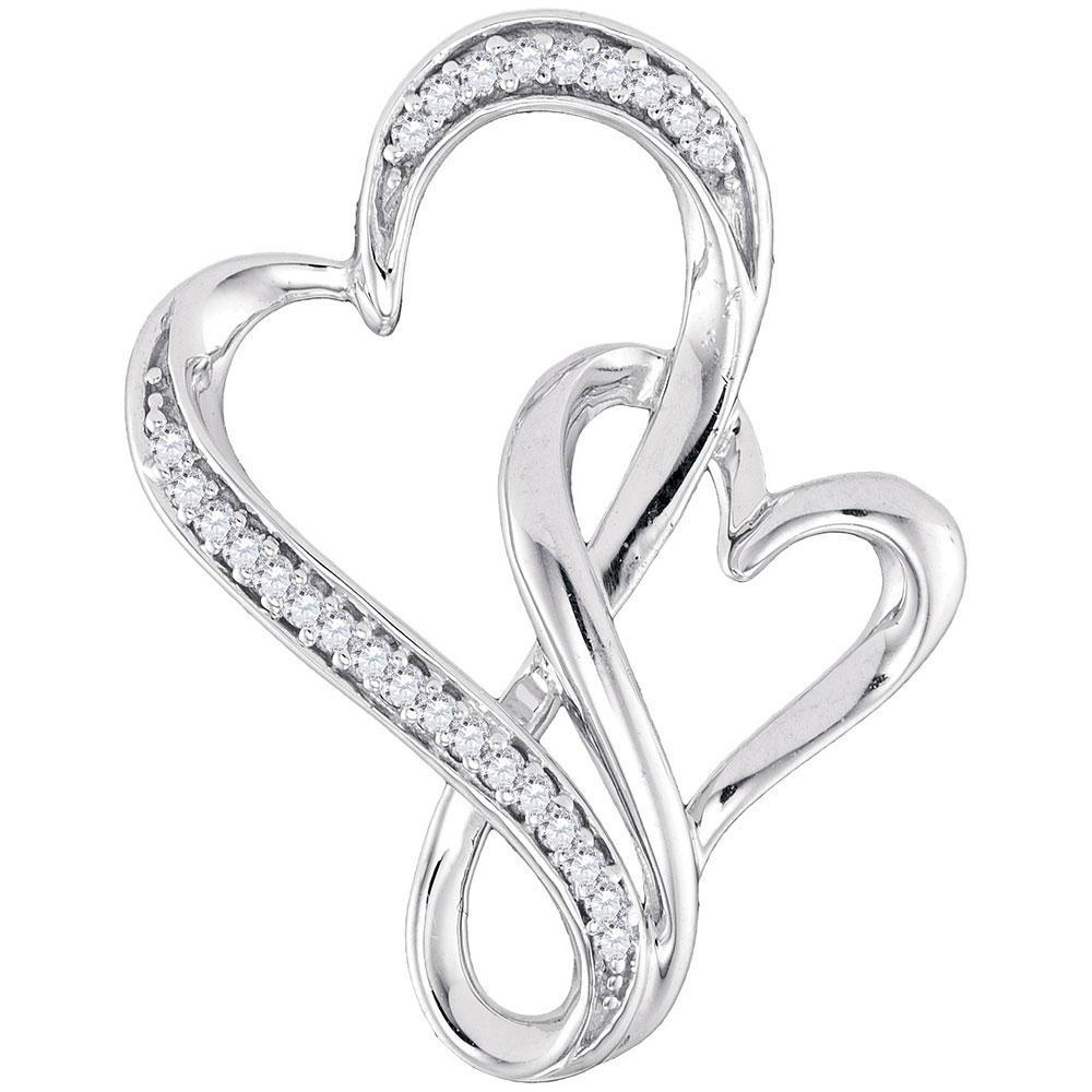 Sterling Silver Womens Round Diamond Double Linked Heart Pendant 1/10 Cttw