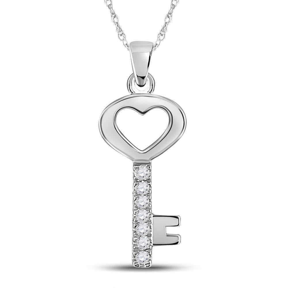 10kt White Gold Womens Round Diamond Key Heart Pendant 1/20 Cttw