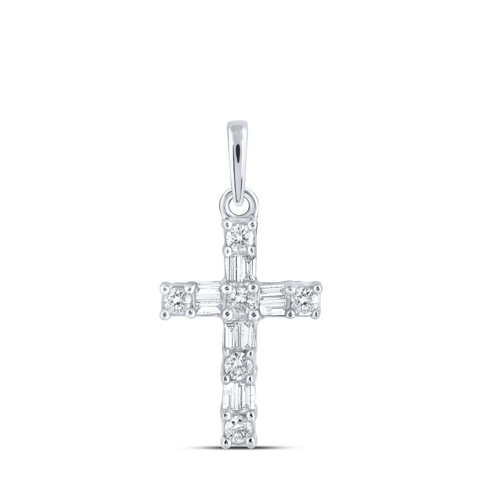 10kt White Gold Womens Baguette Diamond Cross Pendant 1/6 Cttw