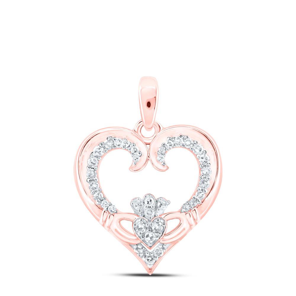 10kt Rose Gold Womens Round Diamond Claddagh Heart Pendant 1/6 Cttw