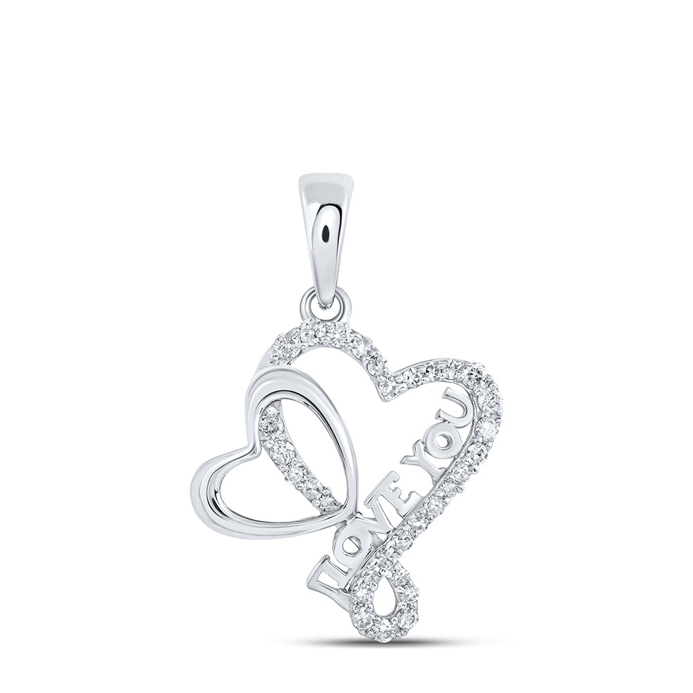 10kt White Gold Womens Round Diamond Love You Heart Pendant 1/4 Cttw