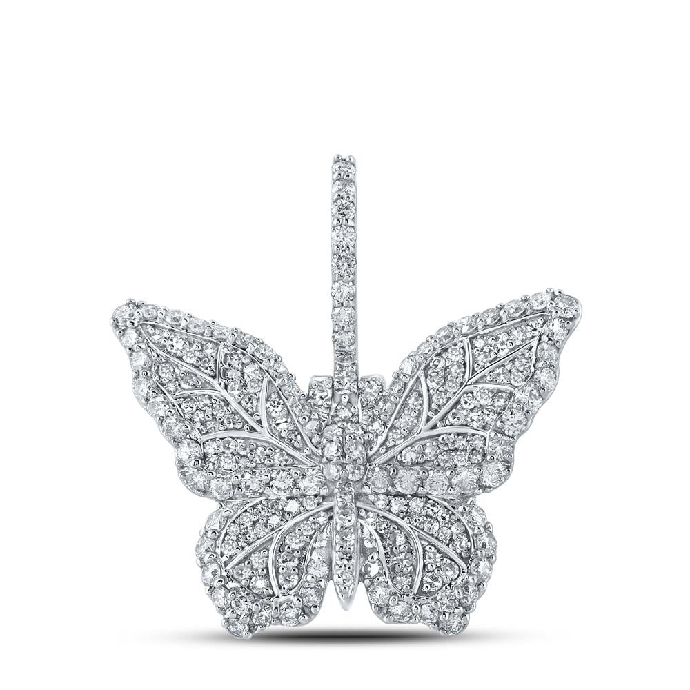 10kt White Gold Mens Round Diamond Butterfly Charm Pendant 1-1/2 Cttw