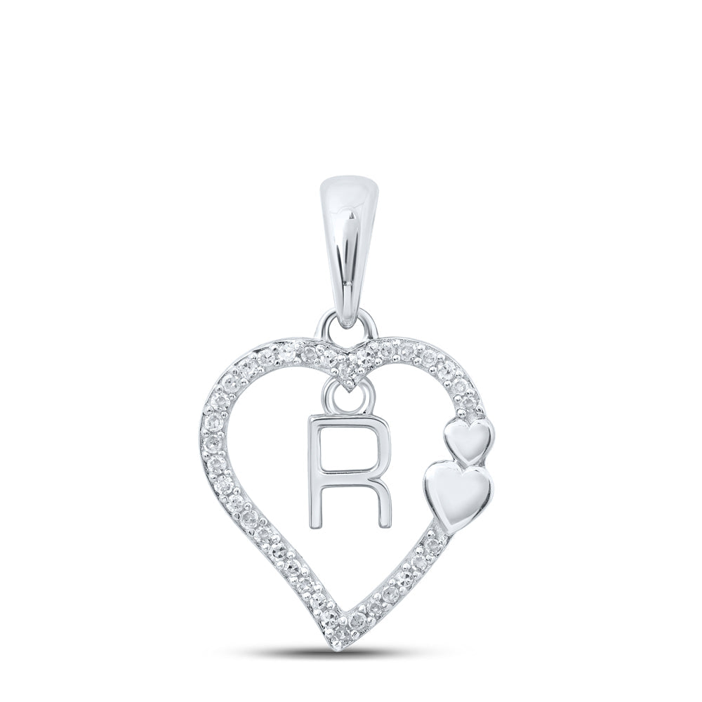 10kt White Gold Womens Round Diamond R Heart Letter Pendant 1/10 Cttw