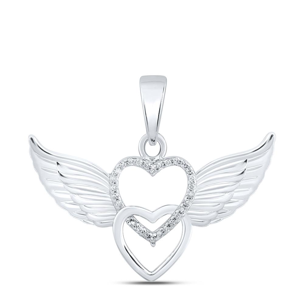 10kt White Gold Womens Round Diamond Wing Heart Pendant 1/20 Cttw