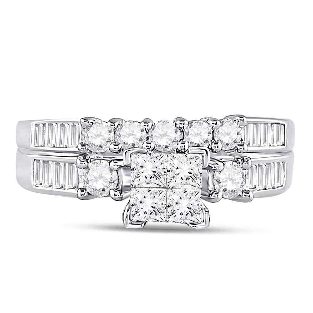 10kt White Gold Princess Diamond Bridal Wedding Ring Band Set 7/8 Cttw