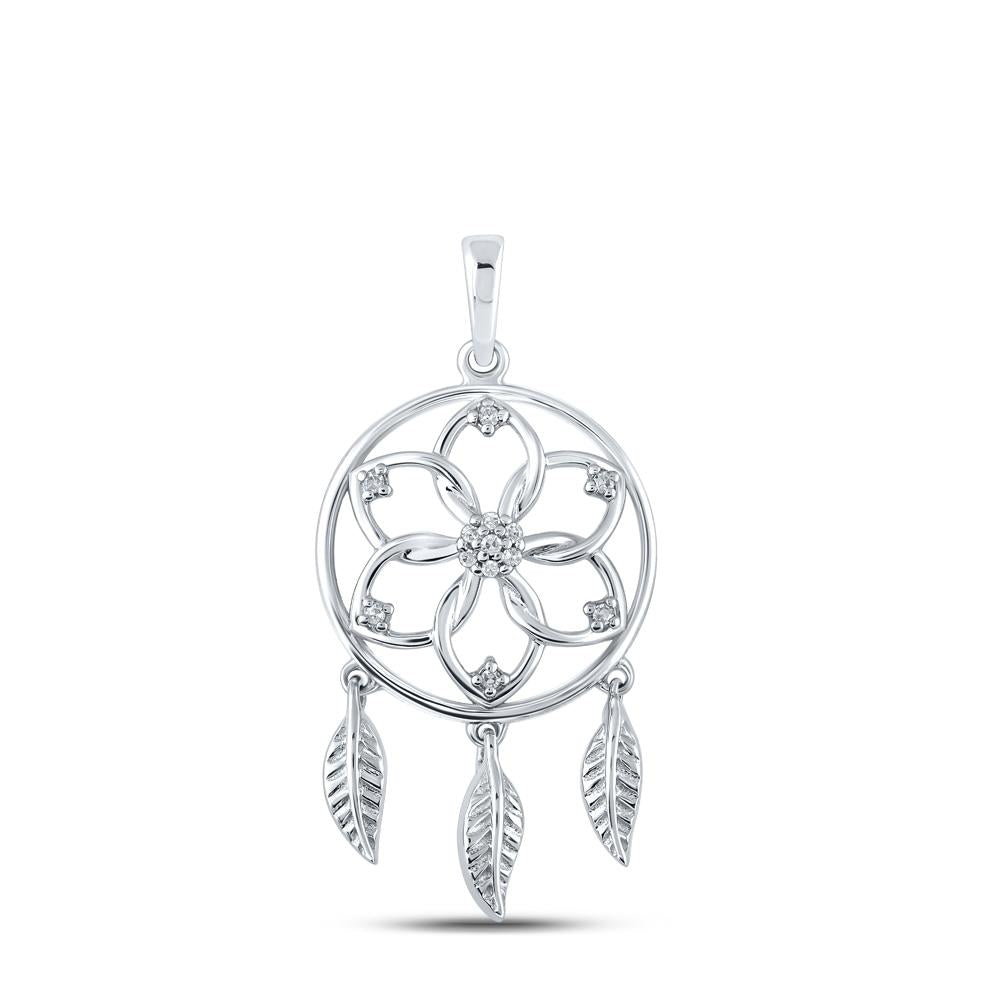 10kt White Gold Womens Round Diamond Dream Catcher Circle Pendant 1/20 Cttw