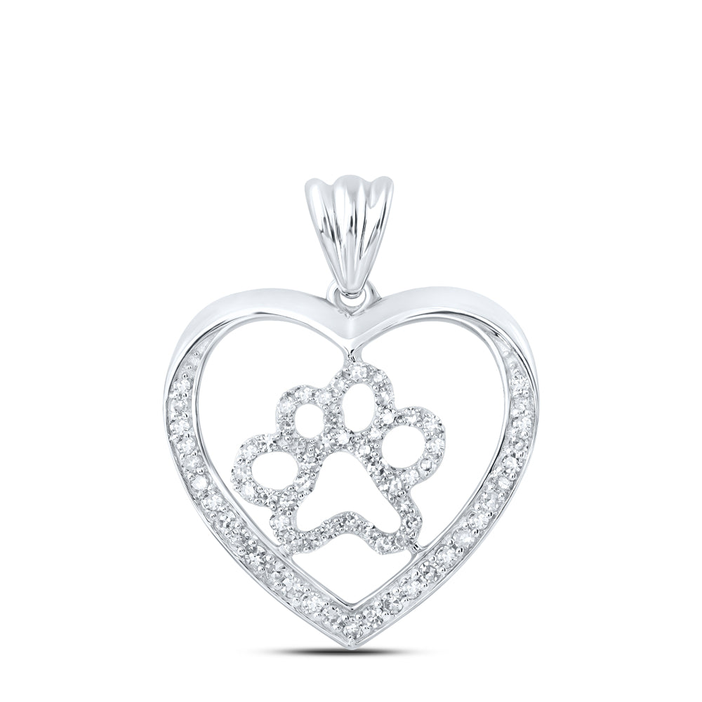 10kt White Gold Womens Round Diamond Paw Heart Pendant 1/3 Cttw