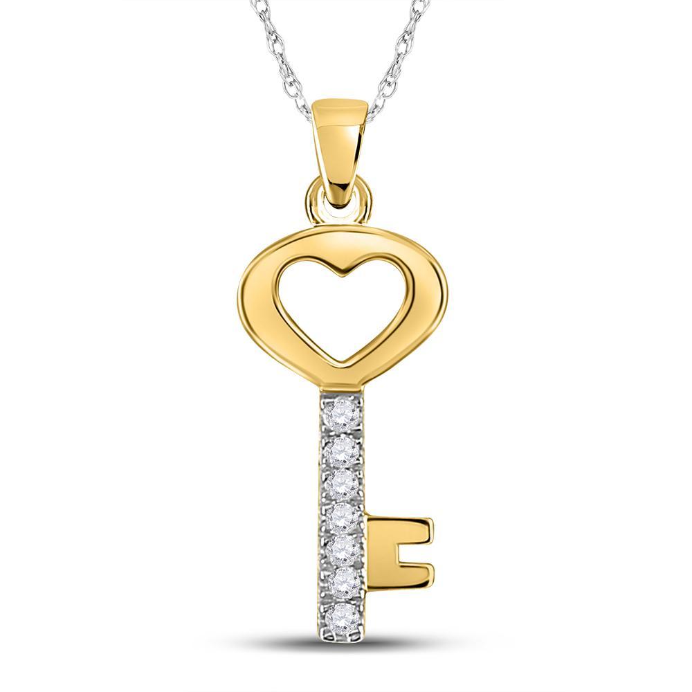 10kt Yellow Gold Womens Round Diamond Key Heart Pendant 1/20 Cttw