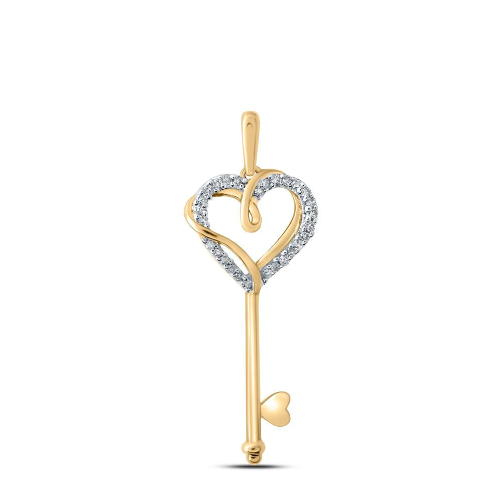 10kt Yellow Gold Womens Round Diamond Heart Key Pendant 1/12 Cttw