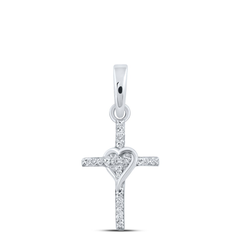 10kt White Gold Womens Round Diamond Heart Cross Pendant 1/20 Cttw