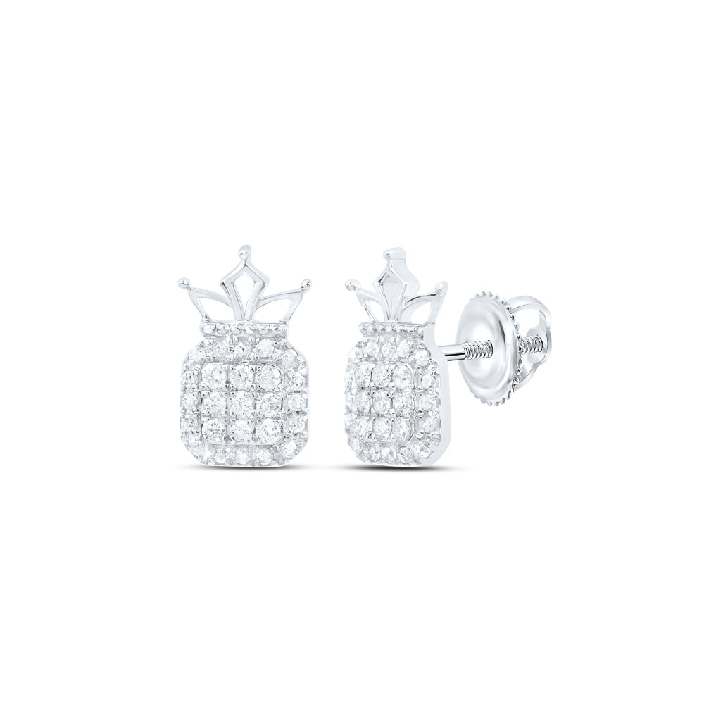 10kt White Gold Womens Round Diamond Crown Earrings 1/5 Cttw