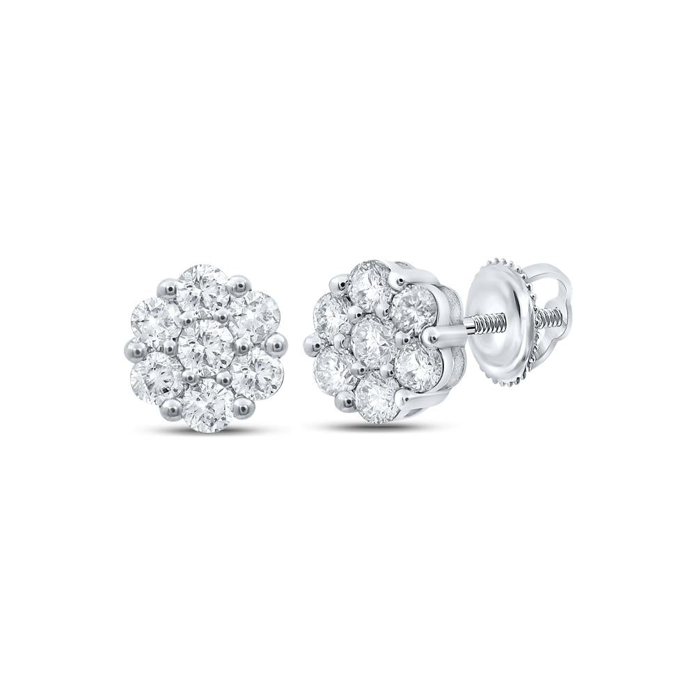 10kt White Gold Womens Round Diamond Flower Cluster Earrings 1 Cttw