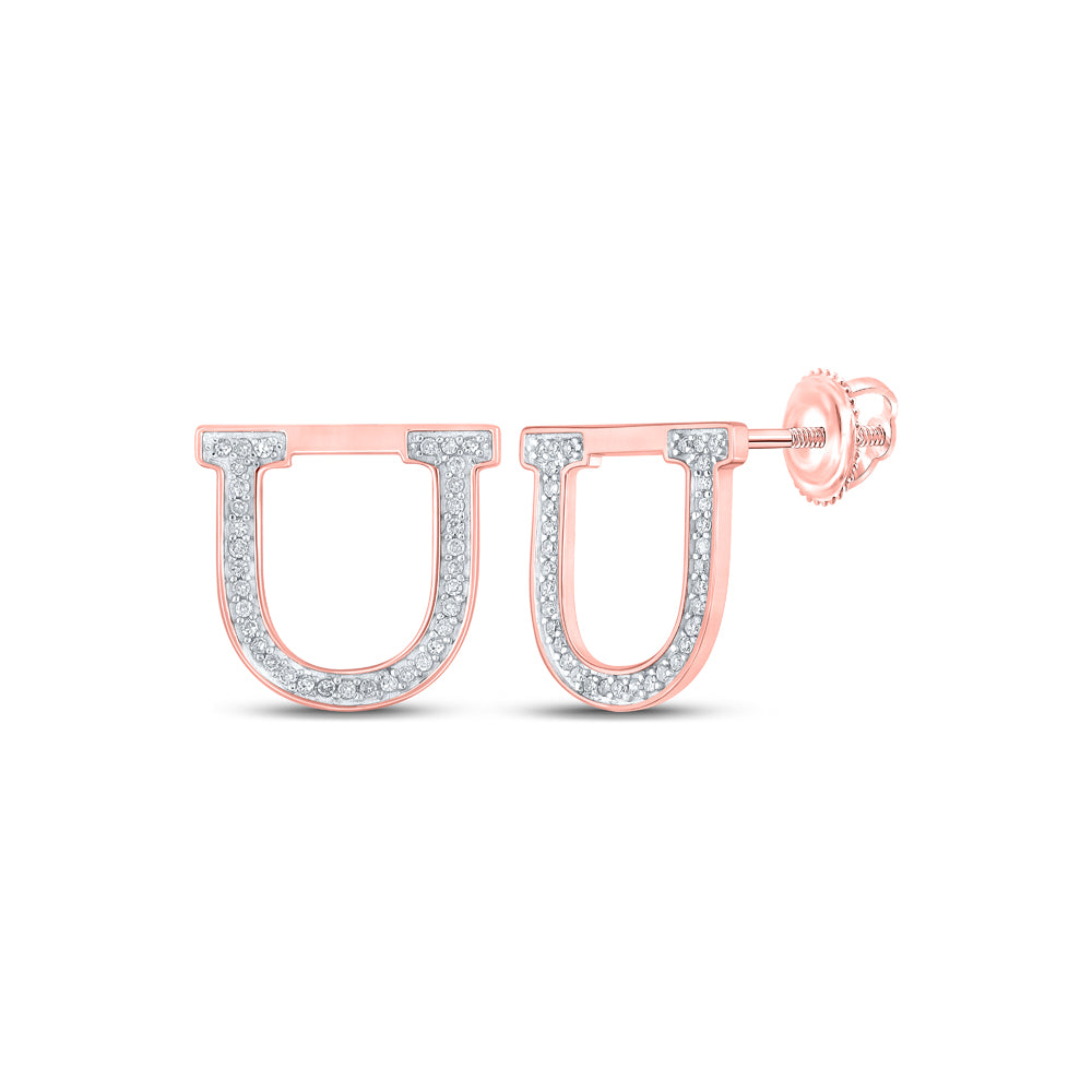 10kt Rose Gold Womens Round Diamond U Initial Letter Earrings 1/6 Cttw